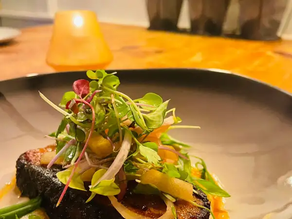 Seafood dish with salad topping. 