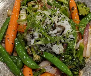 vegetable dish with carrots and snow peas.
