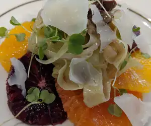 grapefruit dish with orange slices. 